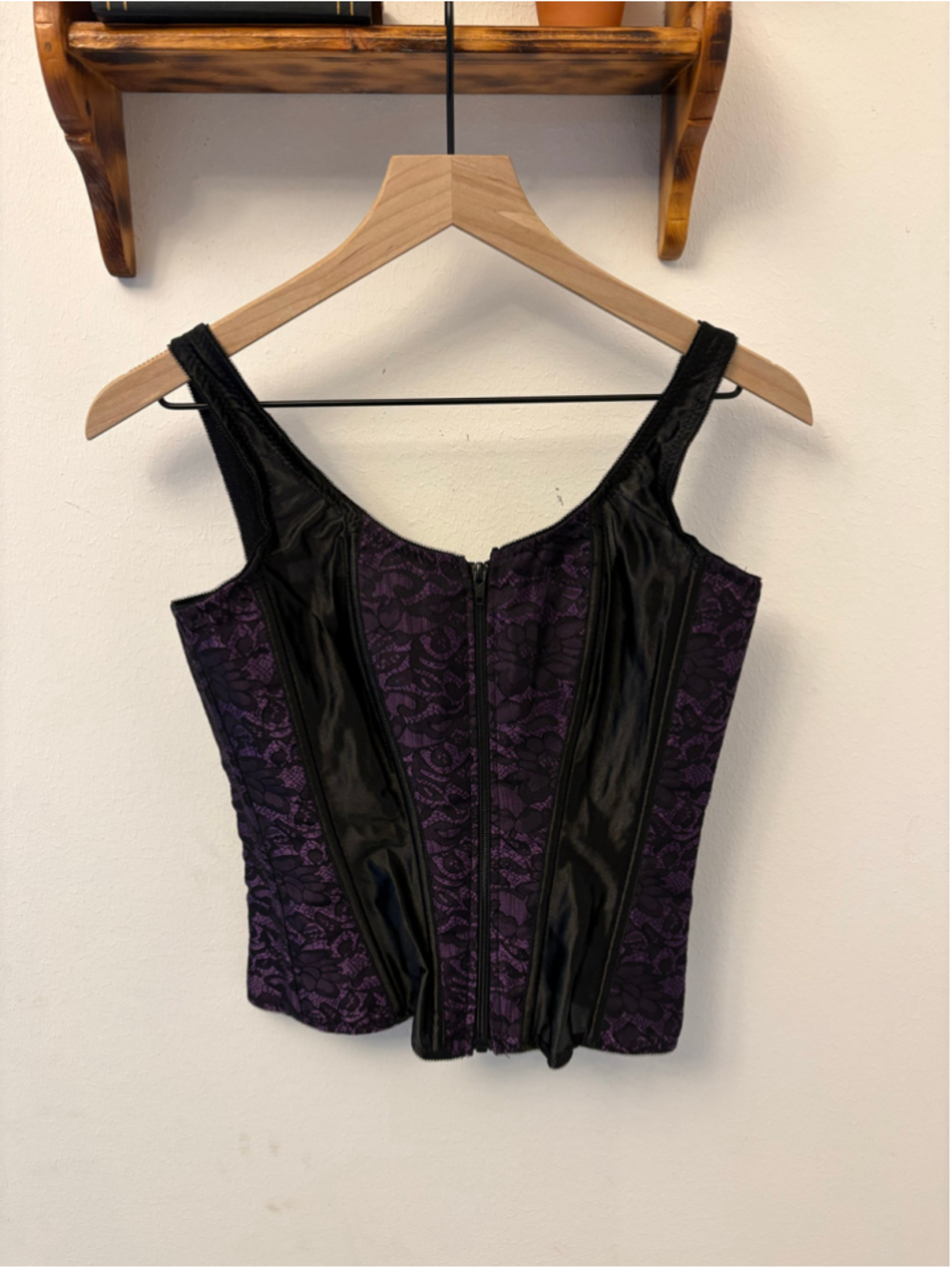 Purple & Black Lace Corset Top | Lace-Up Back | Zip Front | Size Small